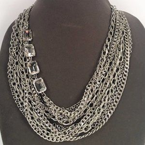 CHICOS Silver Multi Chain Rhinestone Bib Necklace